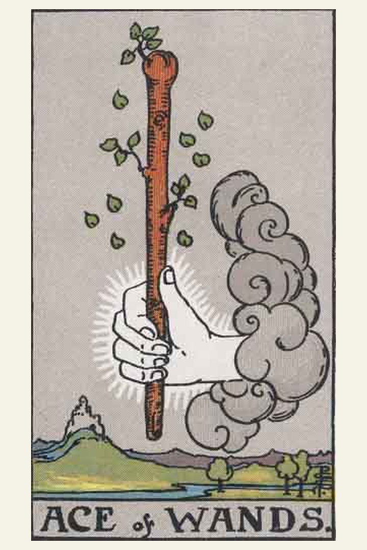 Ace of Wands tarot card meaning with symbolic spiritual artwork for tarot readings.