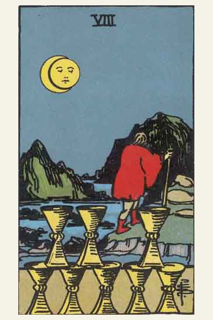Eight of Cups tarot card meaning with symbolic spiritual artwork for tarot readings.