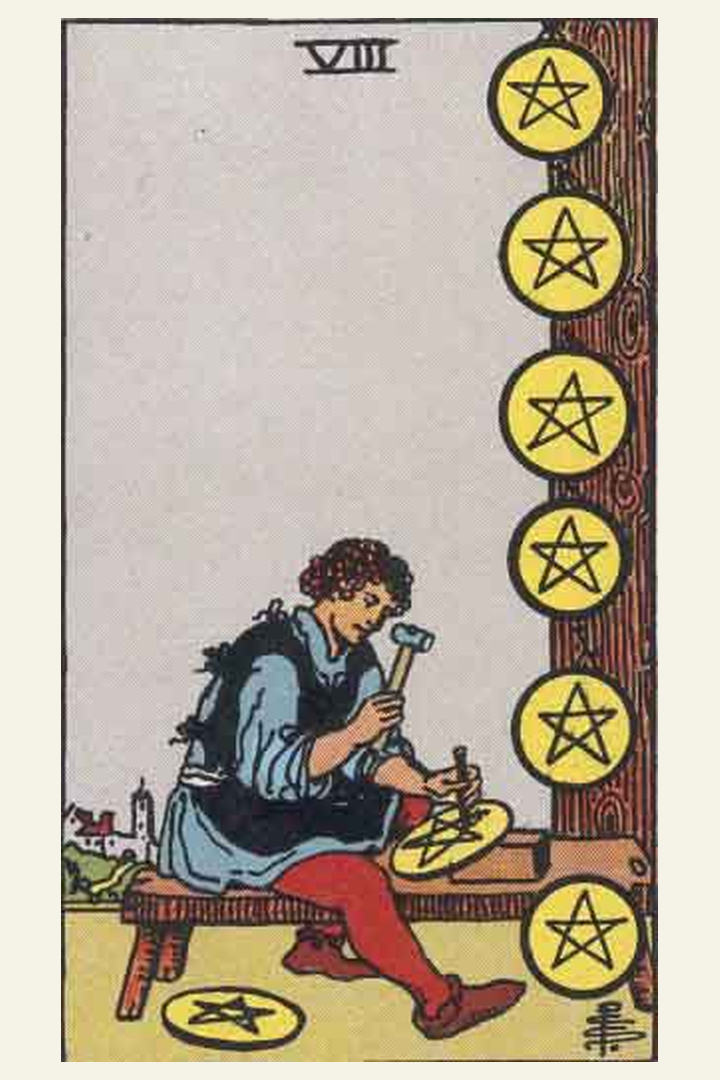 Eight of Pentacles tarot card meaning with symbolic spiritual artwork for tarot readings.