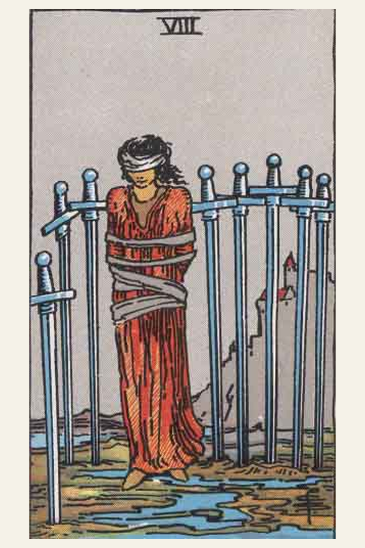 Eight of Swords tarot card meaning with symbolic spiritual artwork for tarot readings.