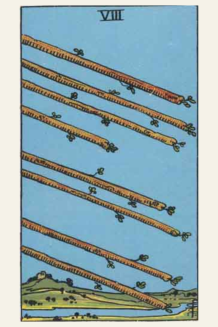 Eight of Wands tarot card meaning with symbolic spiritual artwork for tarot readings.