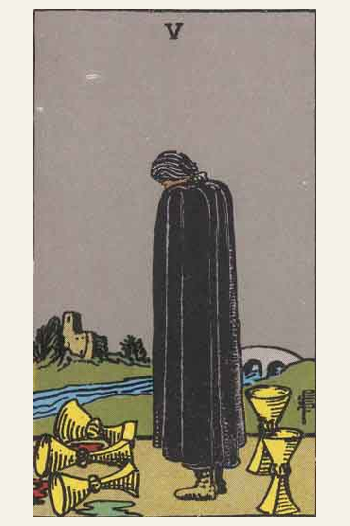Five of Cups tarot card meaning with symbolic spiritual artwork for tarot readings.