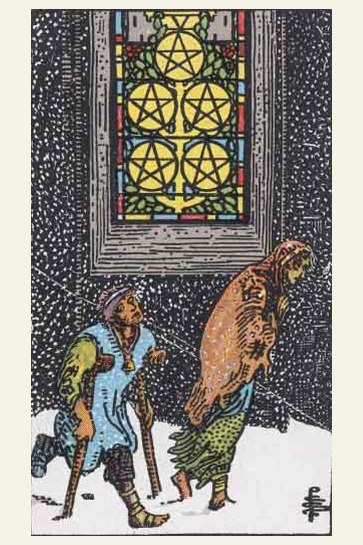Five of Pentacles tarot card meaning with symbolic spiritual artwork for tarot readings.