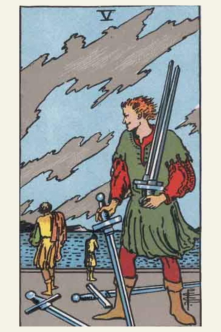 Five of Swords tarot card meaning with symbolic spiritual artwork for tarot readings.
