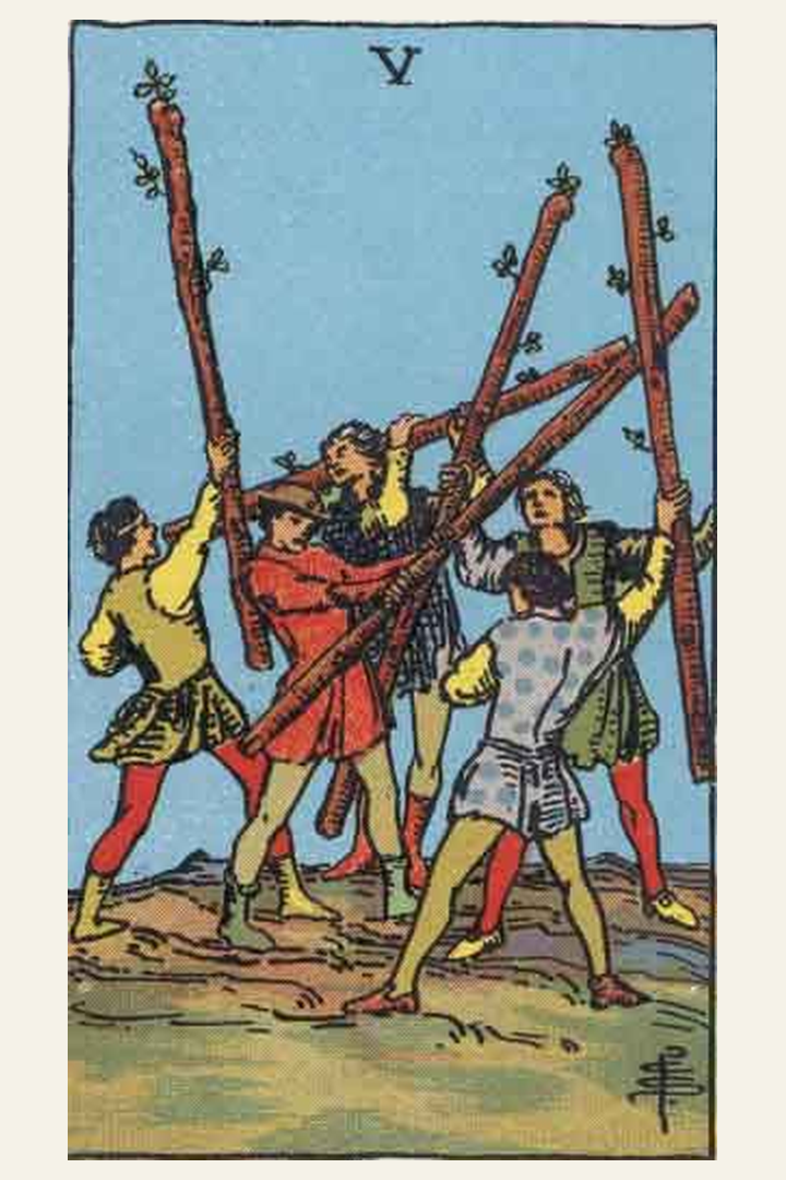 Five of Wands tarot card meaning with symbolic spiritual artwork for tarot readings.