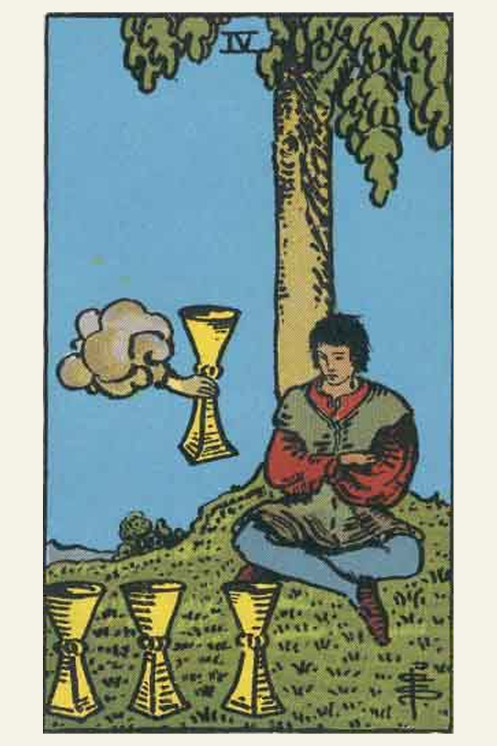 Four of Cups tarot card meaning with symbolic spiritual artwork for tarot readings.