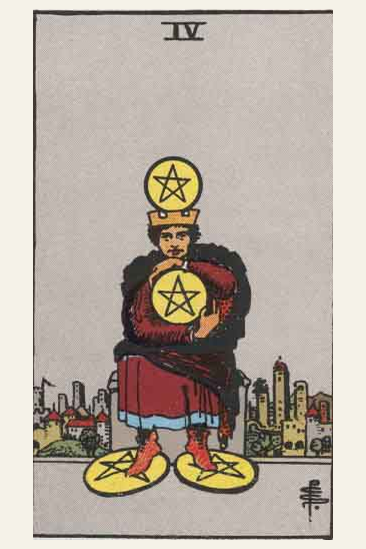Four of Pentacles tarot card meaning with symbolic spiritual artwork for tarot readings.