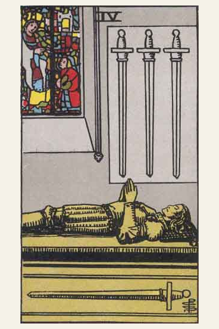 Four of Swords tarot card meaning with symbolic spiritual artwork for tarot readings.