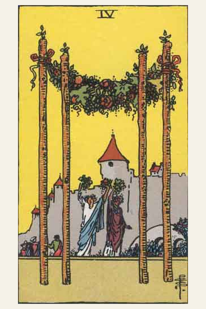 Four of Wands tarot card meaning with symbolic spiritual artwork for tarot readings.