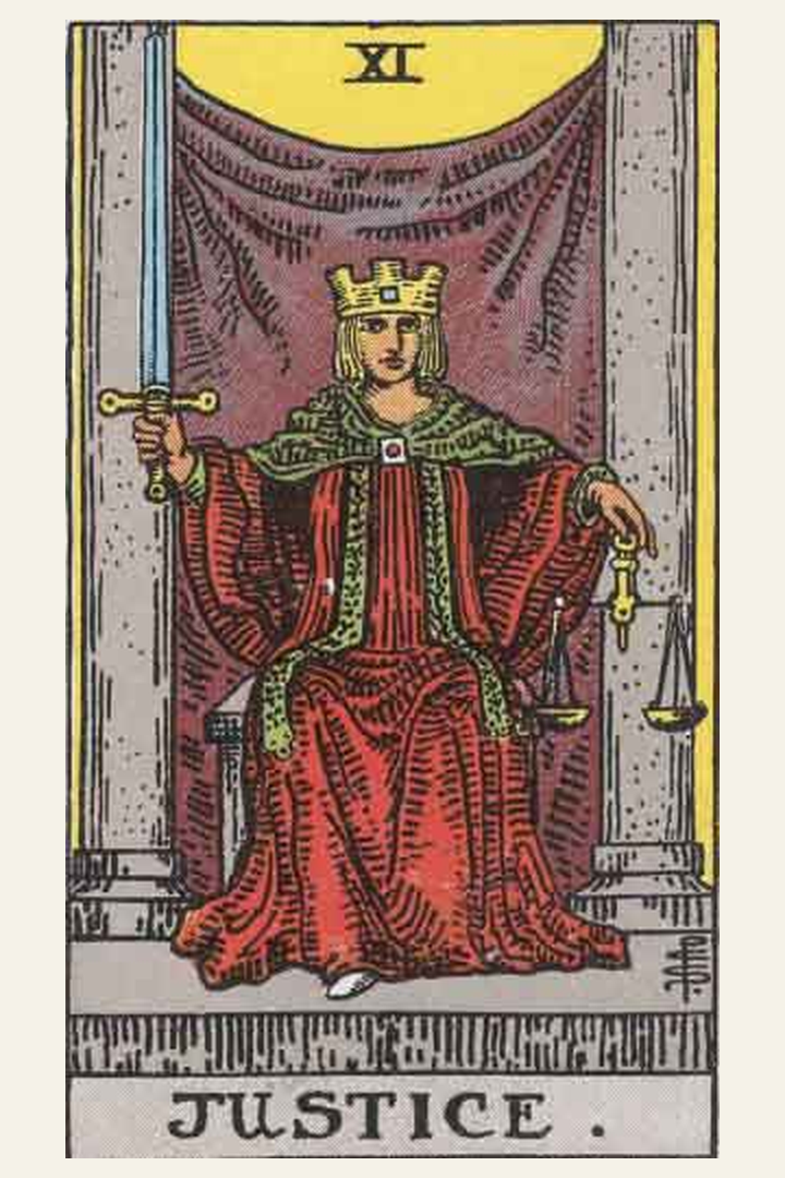 Justice tarot card meaning with symbolic spiritual artwork for tarot readings.