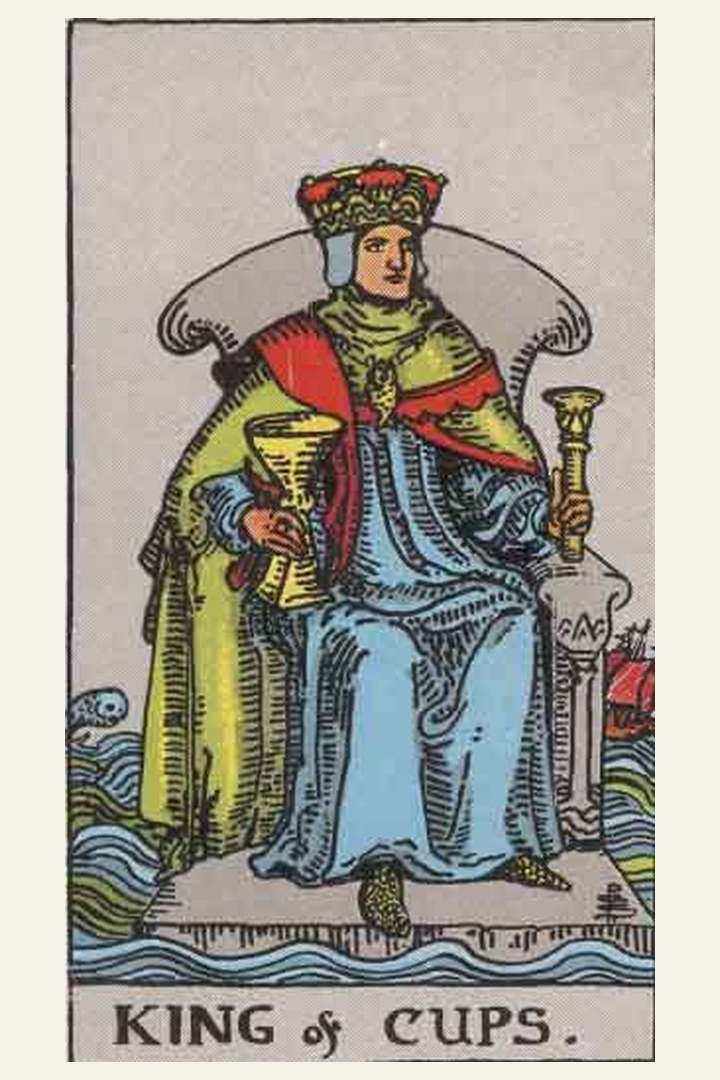 King of Cups tarot card meaning with symbolic spiritual artwork for tarot readings.