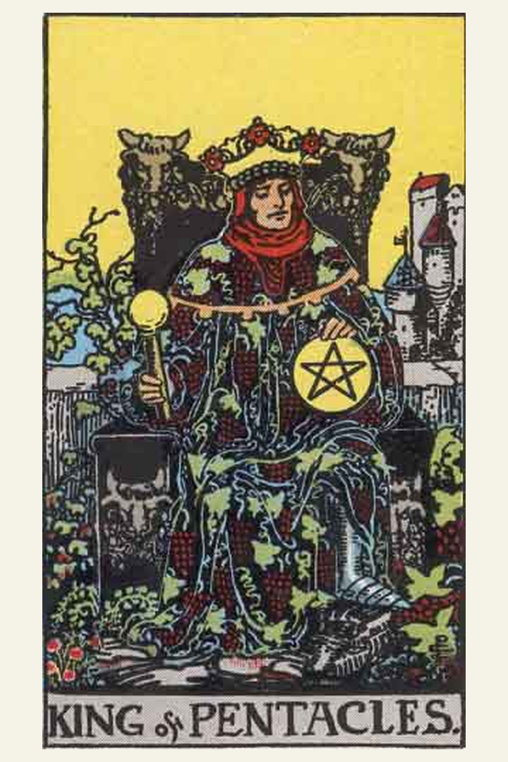 King of Pentacles tarot card meaning with symbolic spiritual artwork for tarot readings.