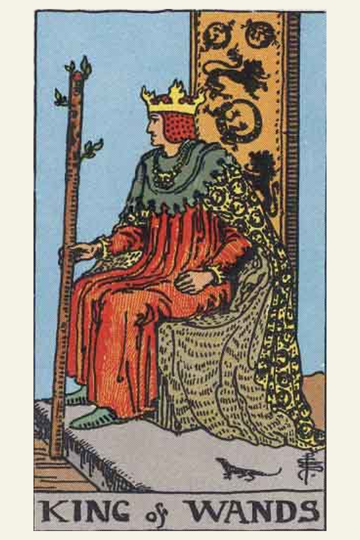 King of Wands tarot card meaning with symbolic spiritual artwork for tarot readings.