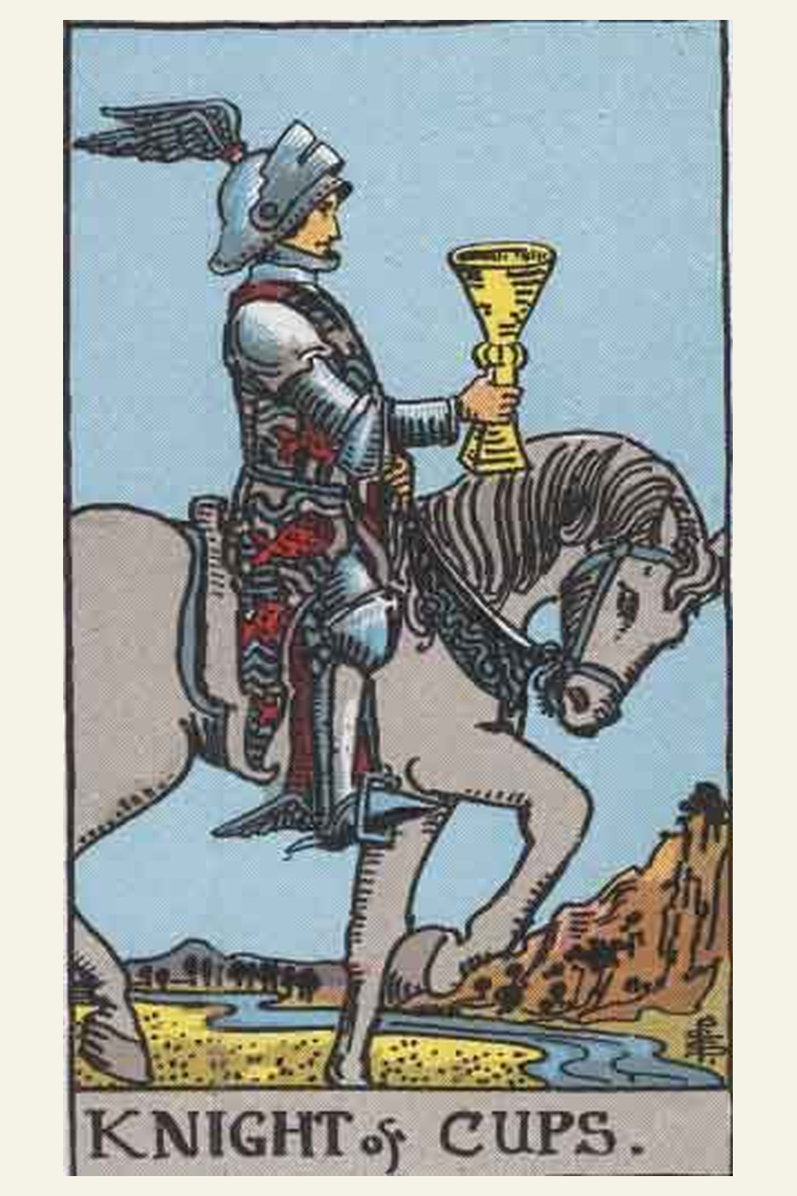 Knight of Cups tarot card meaning with symbolic spiritual artwork for tarot readings.
