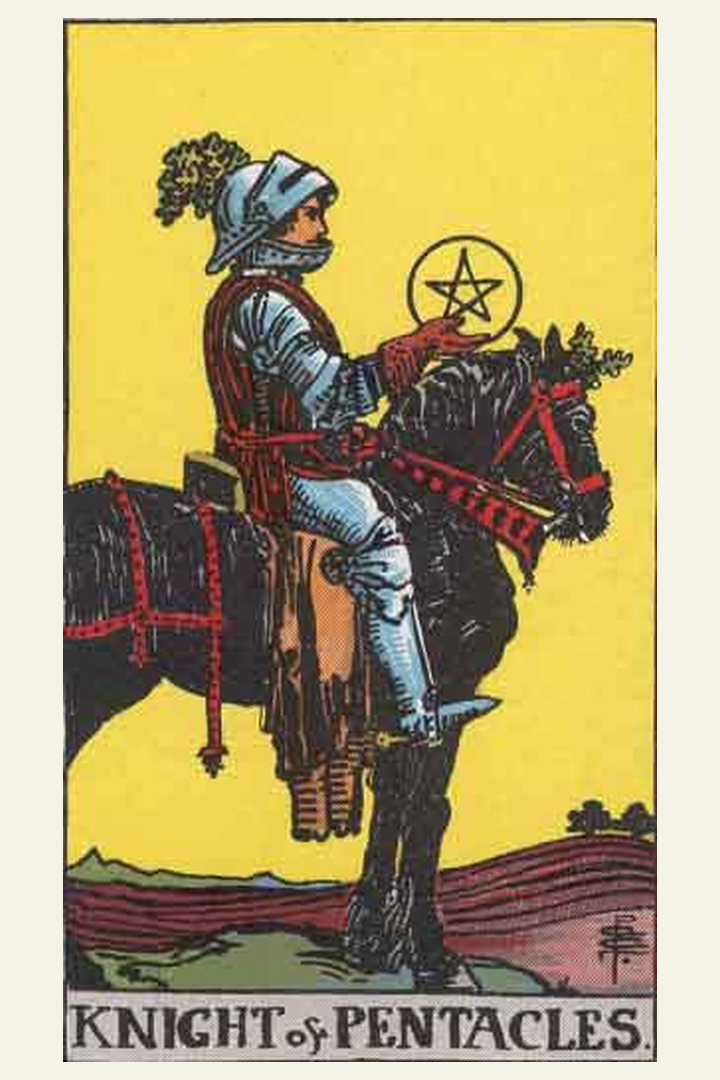 Knight of Pentacles tarot card meaning with symbolic spiritual artwork for tarot readings.
