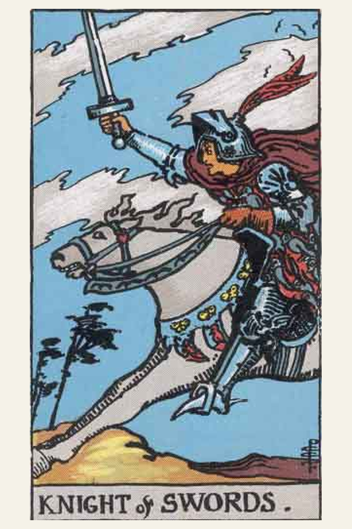 Knight of Swords tarot card meaning with symbolic spiritual artwork for tarot readings.