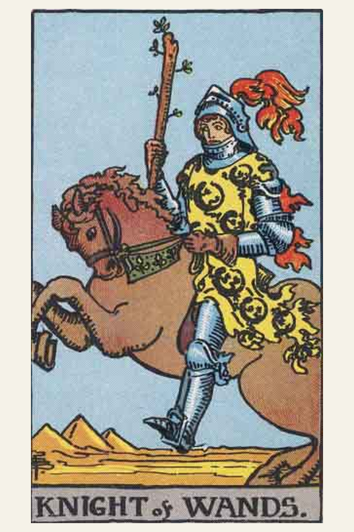 Knight of Wands tarot card meaning with symbolic spiritual artwork for tarot readings.