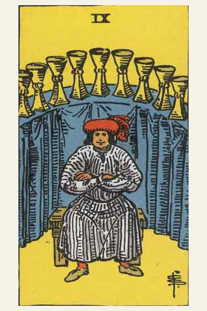 Nine of Cups tarot card meaning with symbolic spiritual artwork for tarot readings.