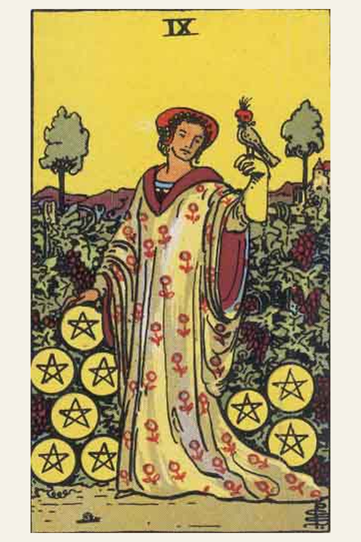 Nine of Pentacles tarot card meaning with symbolic spiritual artwork for tarot readings.