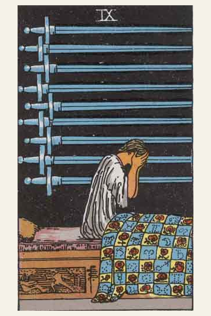 Nine of Swords tarot card meaning with symbolic spiritual artwork for tarot readings.