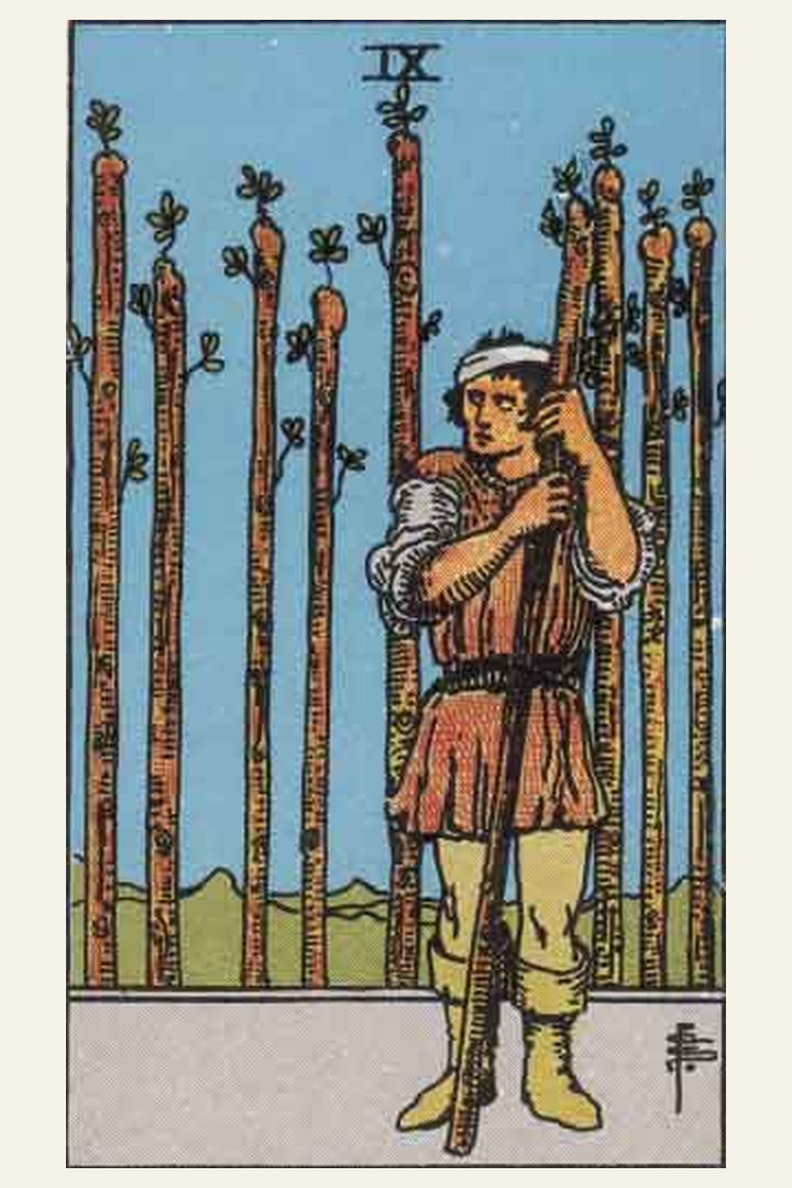 Nine of Wands tarot card meaning with symbolic spiritual artwork for tarot readings.