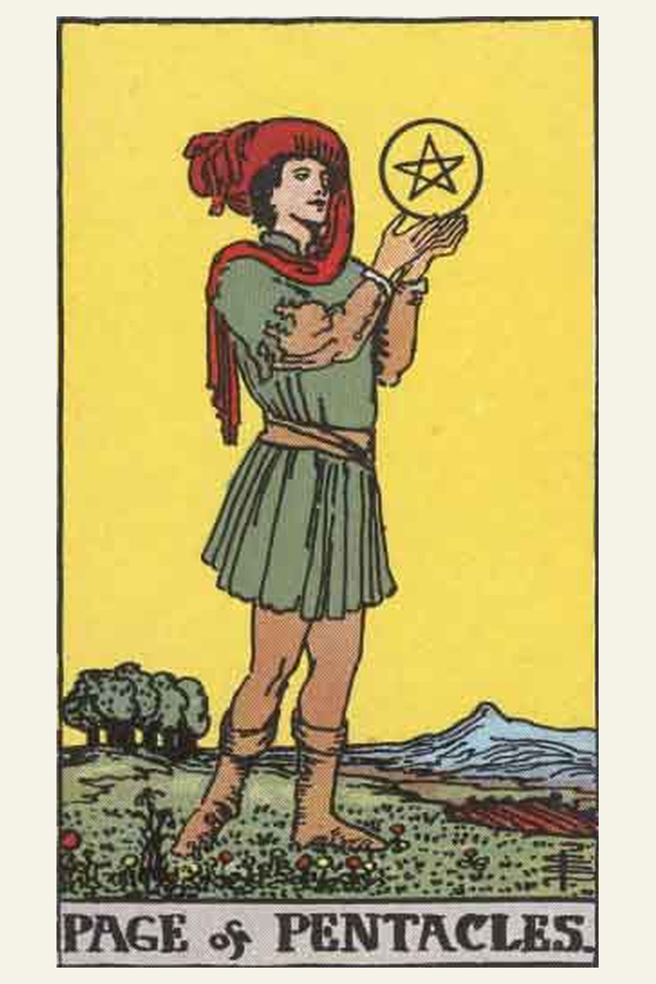 Page of Pentacles tarot card meaning with symbolic spiritual artwork for tarot readings.