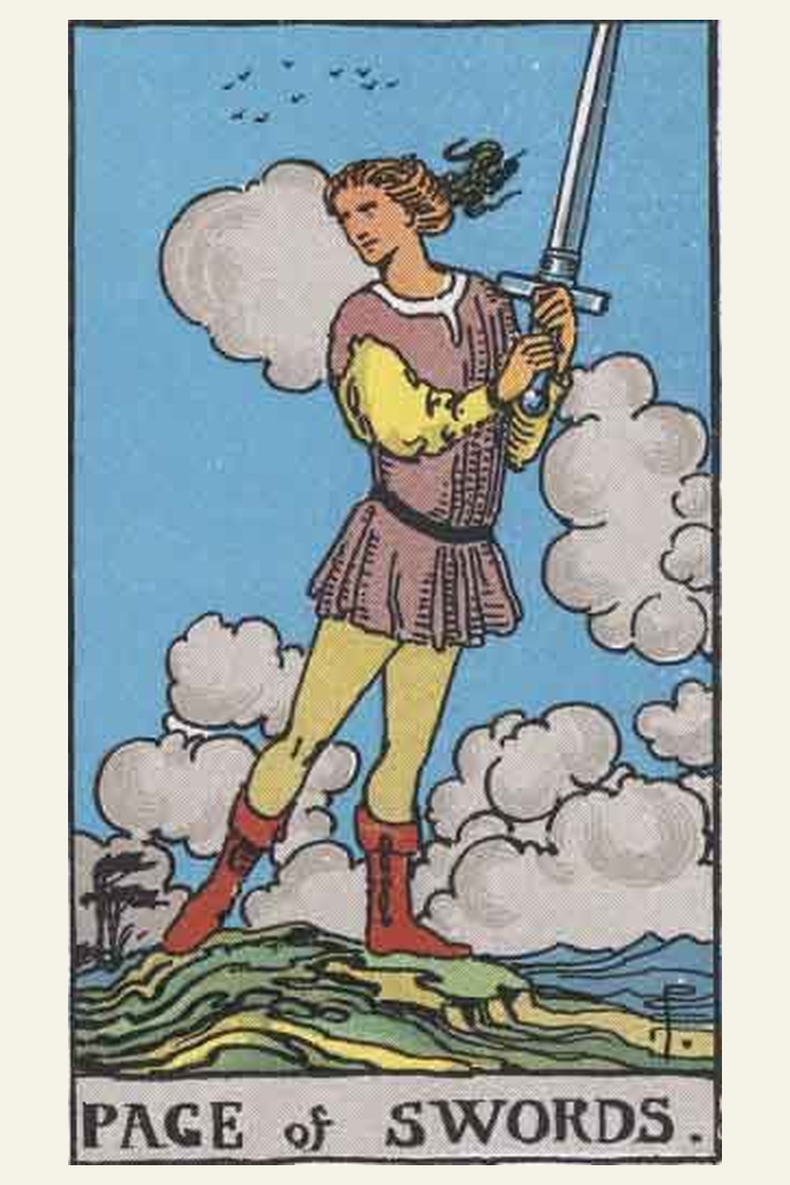 Page of Swords tarot card meaning with symbolic spiritual artwork for tarot readings.