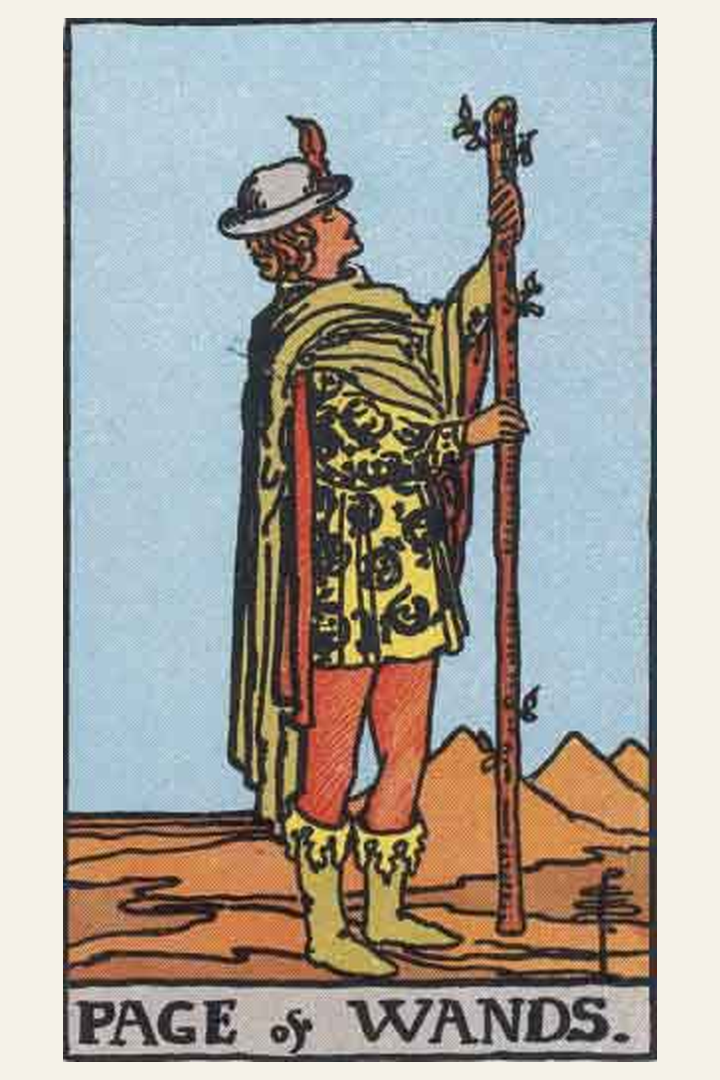 Page of Wands tarot card meaning with symbolic spiritual artwork for tarot readings.
