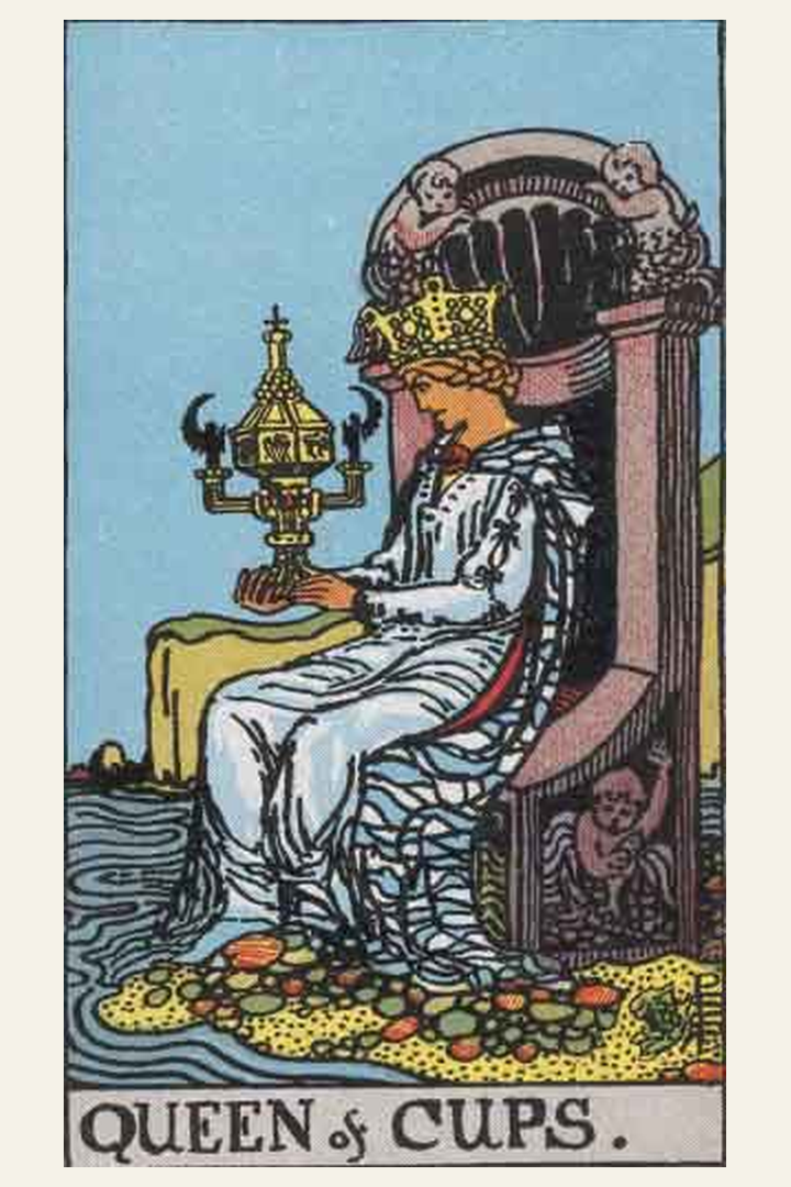 Queen of Cups tarot card meaning with symbolic spiritual artwork for tarot readings.