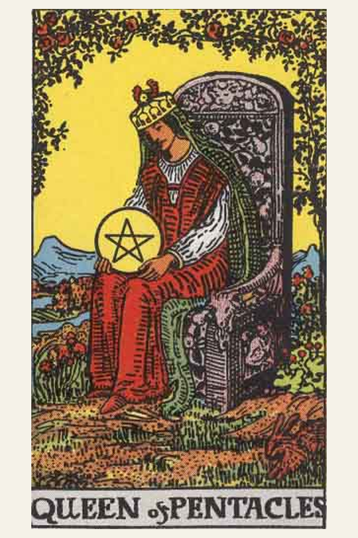 Queen of Pentacles tarot card meaning with symbolic spiritual artwork for tarot readings.