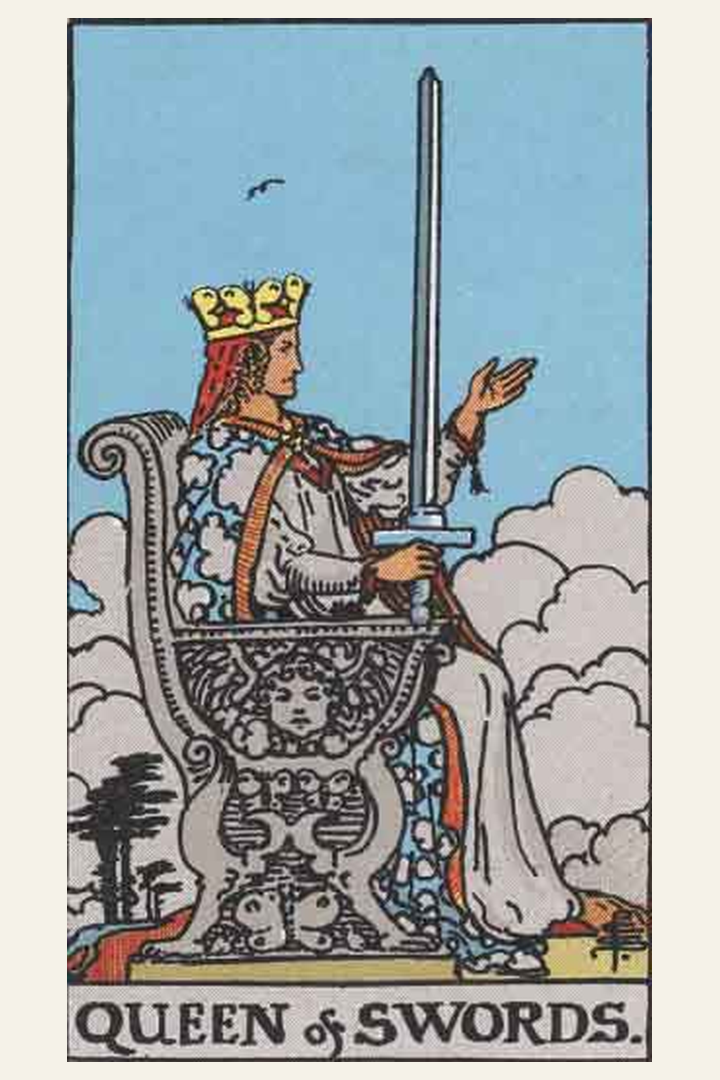 Queen of Swords tarot card meaning with symbolic spiritual artwork for tarot readings.