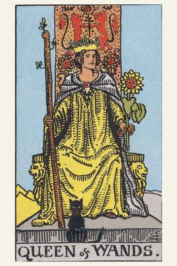 Queen of Wands tarot card meaning with symbolic spiritual artwork for tarot readings.
