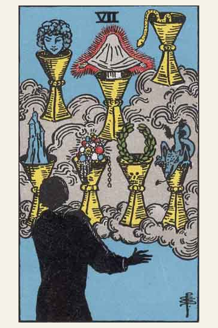 Seven of Cups tarot card meaning with symbolic spiritual artwork for tarot readings.