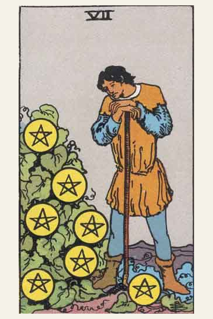 Seven of Pentacles tarot card meaning with symbolic spiritual artwork for tarot readings.
