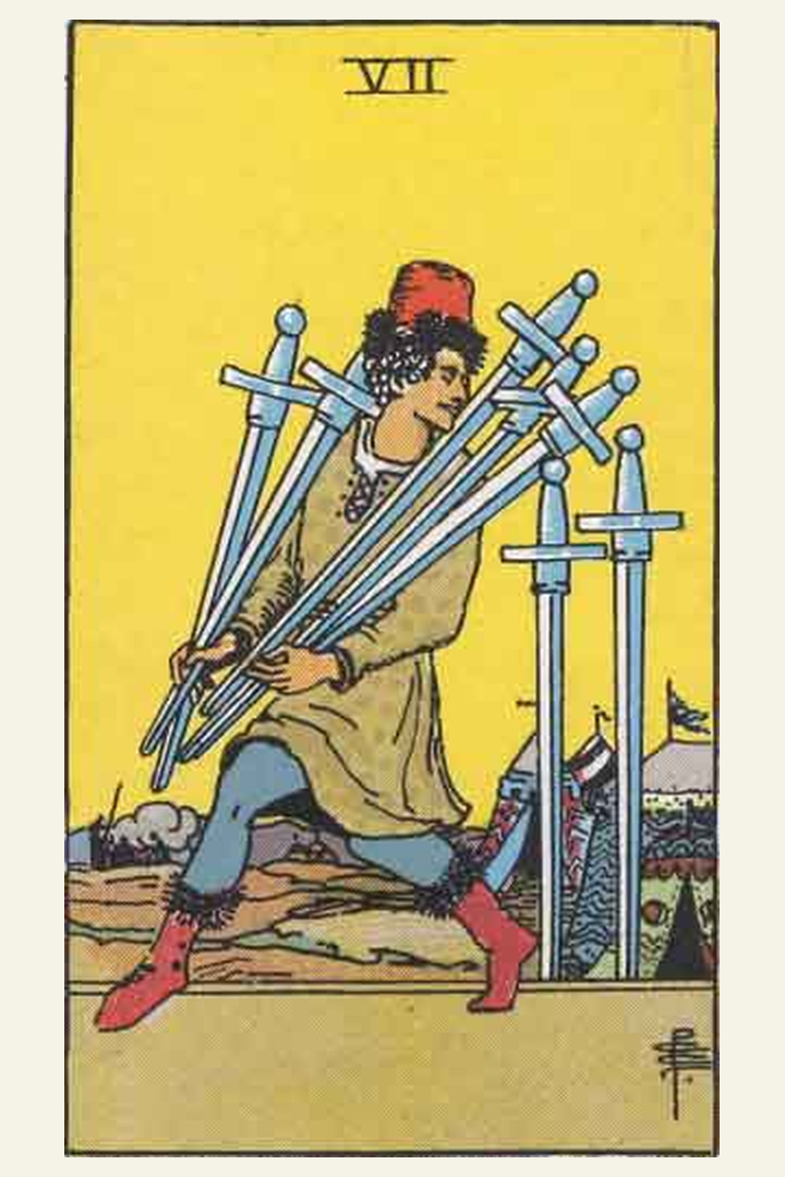 Seven of Swords tarot card meaning with symbolic spiritual artwork for tarot readings.