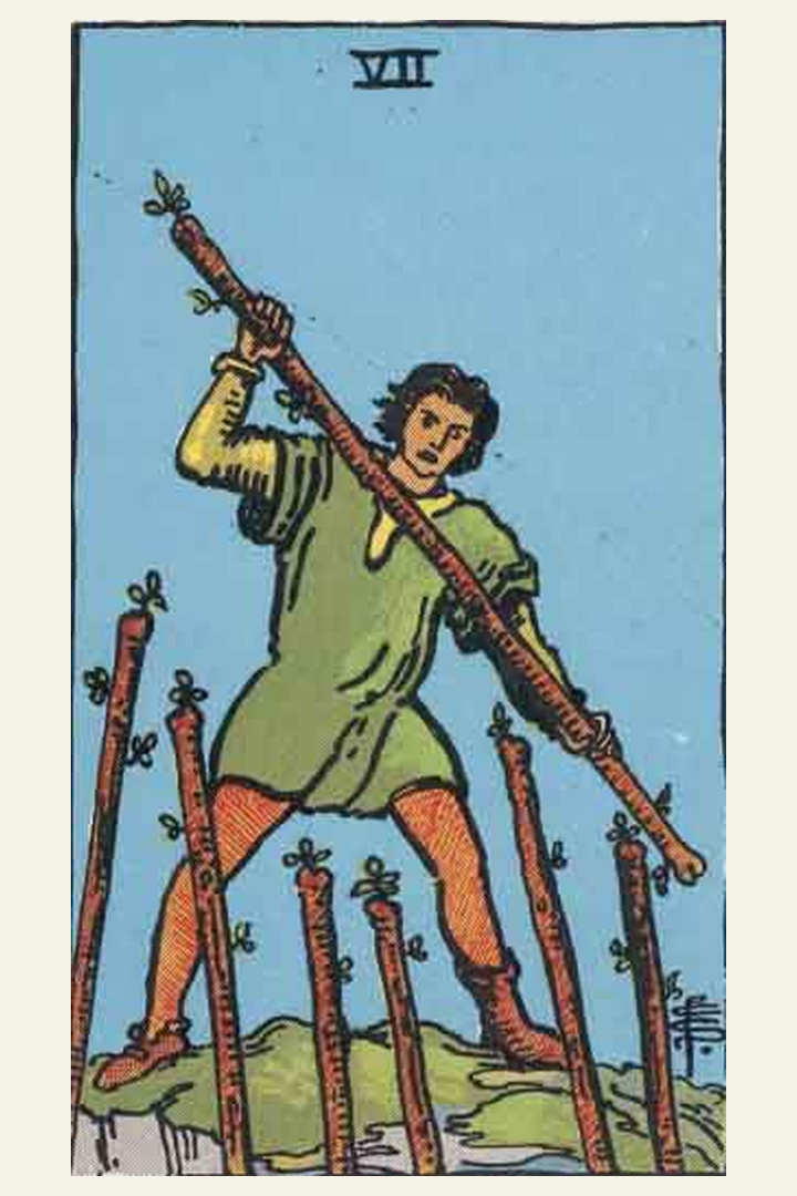Seven of Wands tarot card meaning with symbolic spiritual artwork for tarot readings.