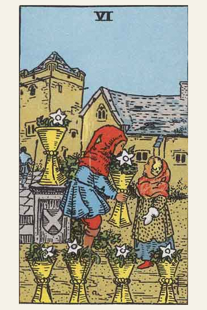 Six of Cups tarot card meaning with symbolic spiritual artwork for tarot readings.