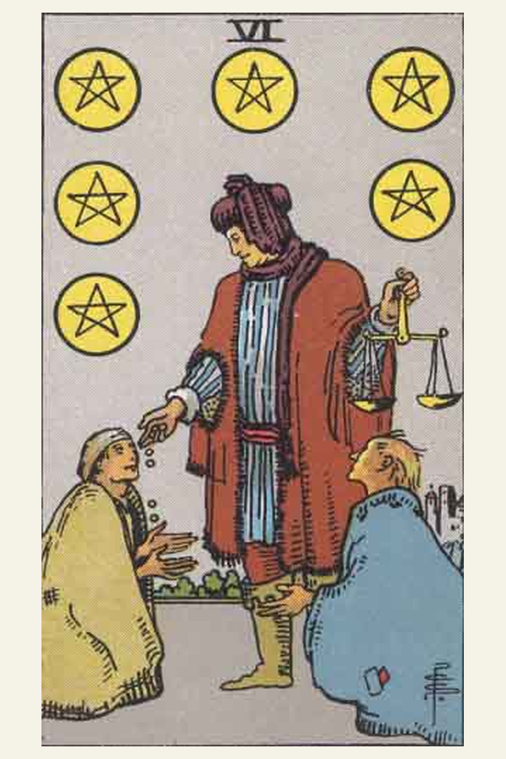 Six of Pentacles tarot card meaning with symbolic spiritual artwork for tarot readings.