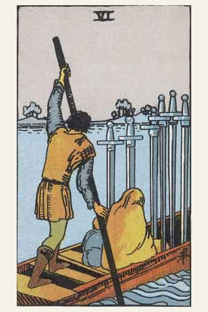 Six of Swords tarot card meaning with symbolic spiritual artwork for tarot readings.