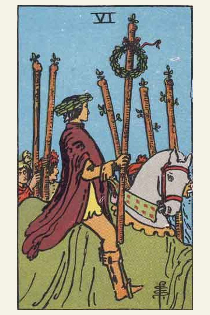 Six of Wands tarot card meaning with symbolic spiritual artwork for tarot readings.