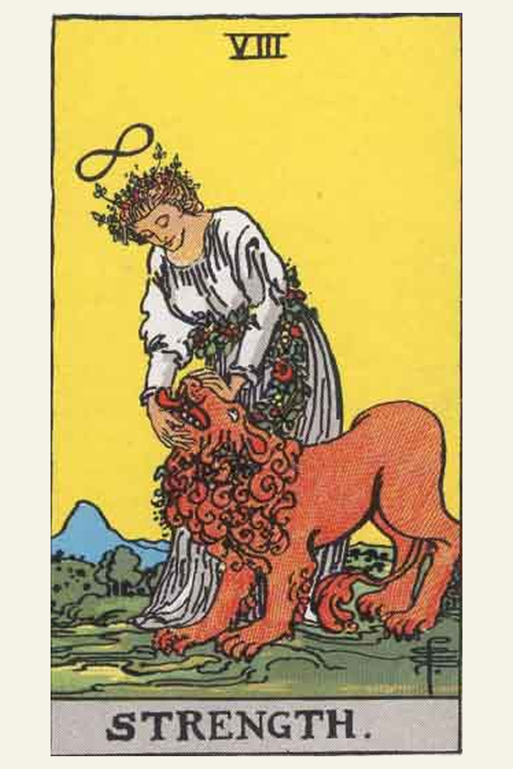 Strength tarot card meaning with symbolic spiritual artwork for tarot readings.