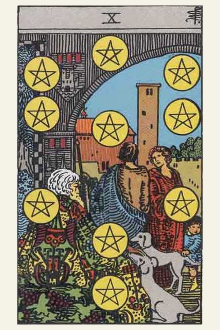 Ten of Pentacles tarot card meaning with symbolic spiritual artwork for tarot readings.