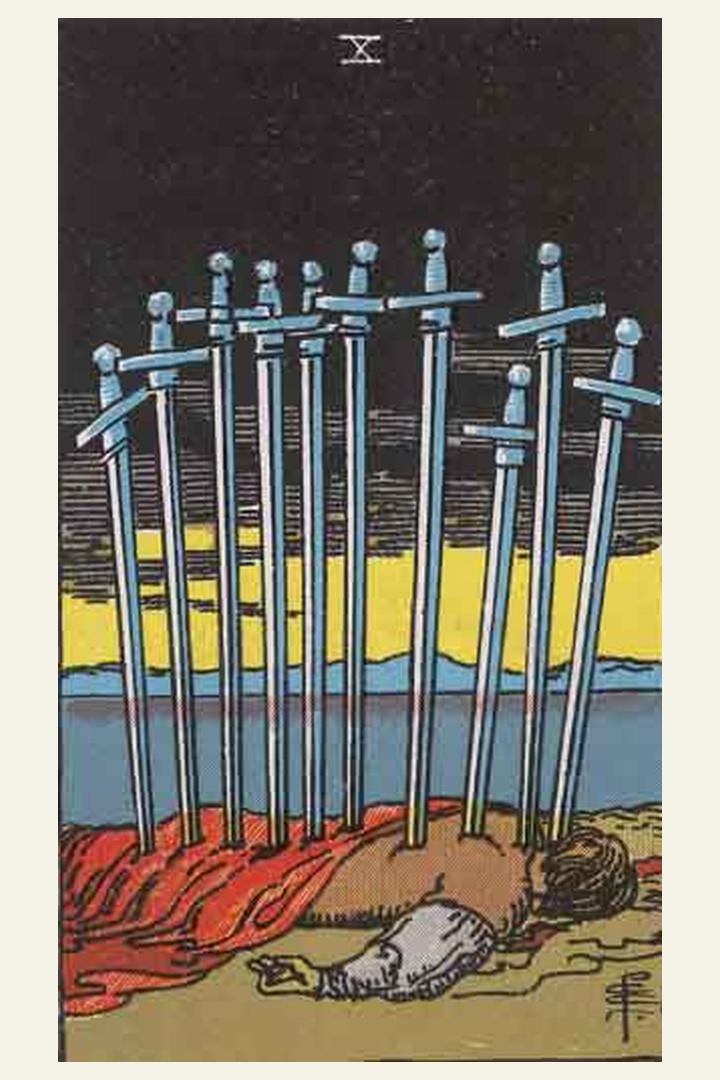 Ten of Swords tarot card meaning with symbolic spiritual artwork for tarot readings.