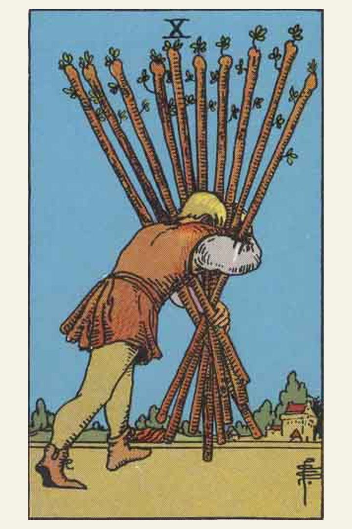 Ten of Wands tarot card meaning with symbolic spiritual artwork for tarot readings.