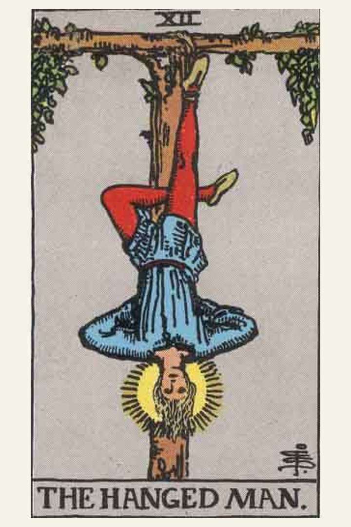 The Hanged Man tarot card meaning with symbolic spiritual artwork for tarot readings.