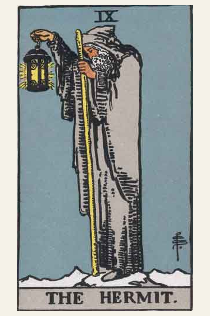 The Hermit tarot card meaning with symbolic spiritual artwork for tarot readings.