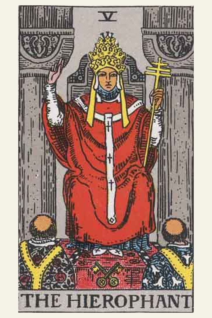 The Hierophant tarot card meaning with symbolic spiritual artwork for tarot readings.