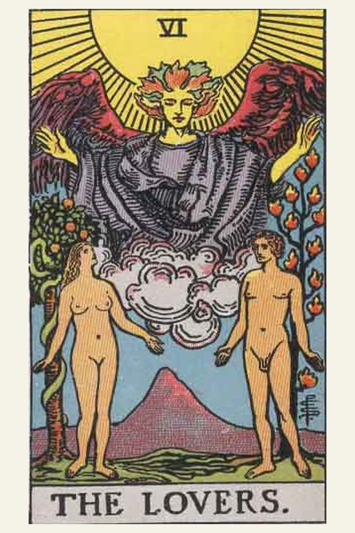 The Lovers tarot card meaning with symbolic spiritual artwork for tarot readings.