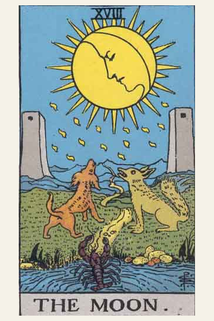 The Moon tarot card meaning with symbolic spiritual artwork for tarot readings.
