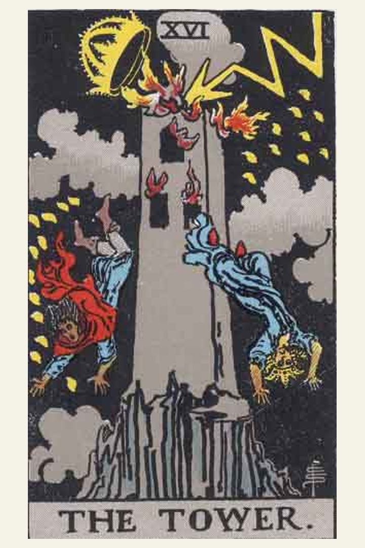 The Tower tarot card meaning with symbolic spiritual artwork for tarot readings.